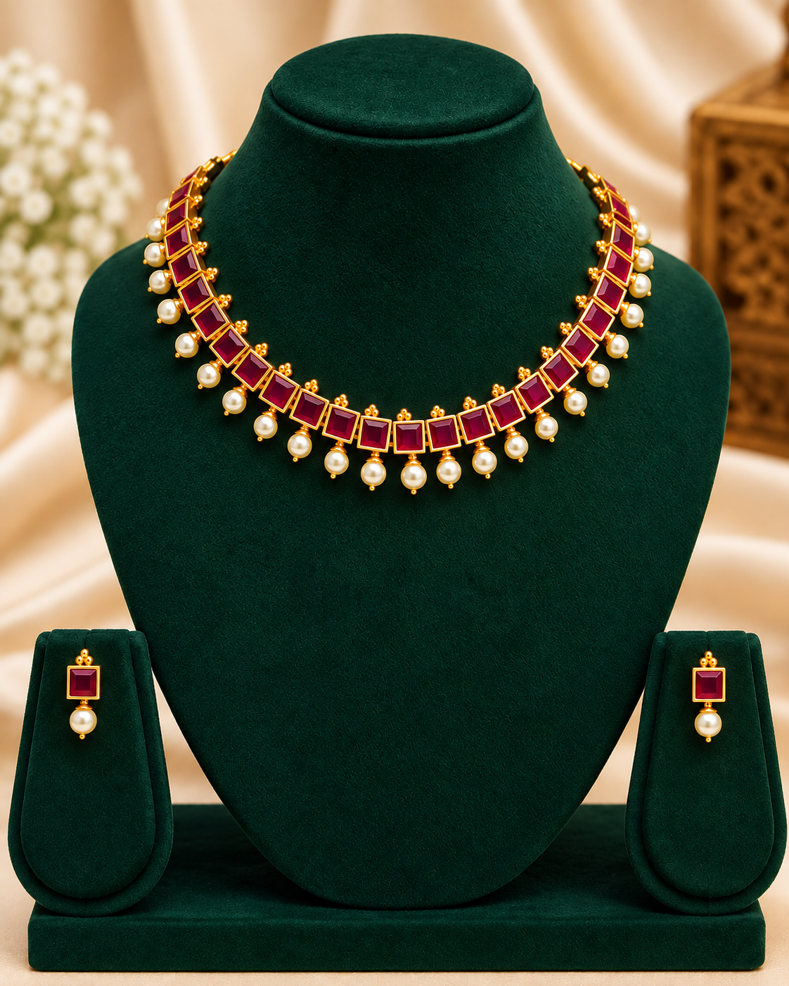 Square Stone Pearl Drop Necklace Set | ONK322