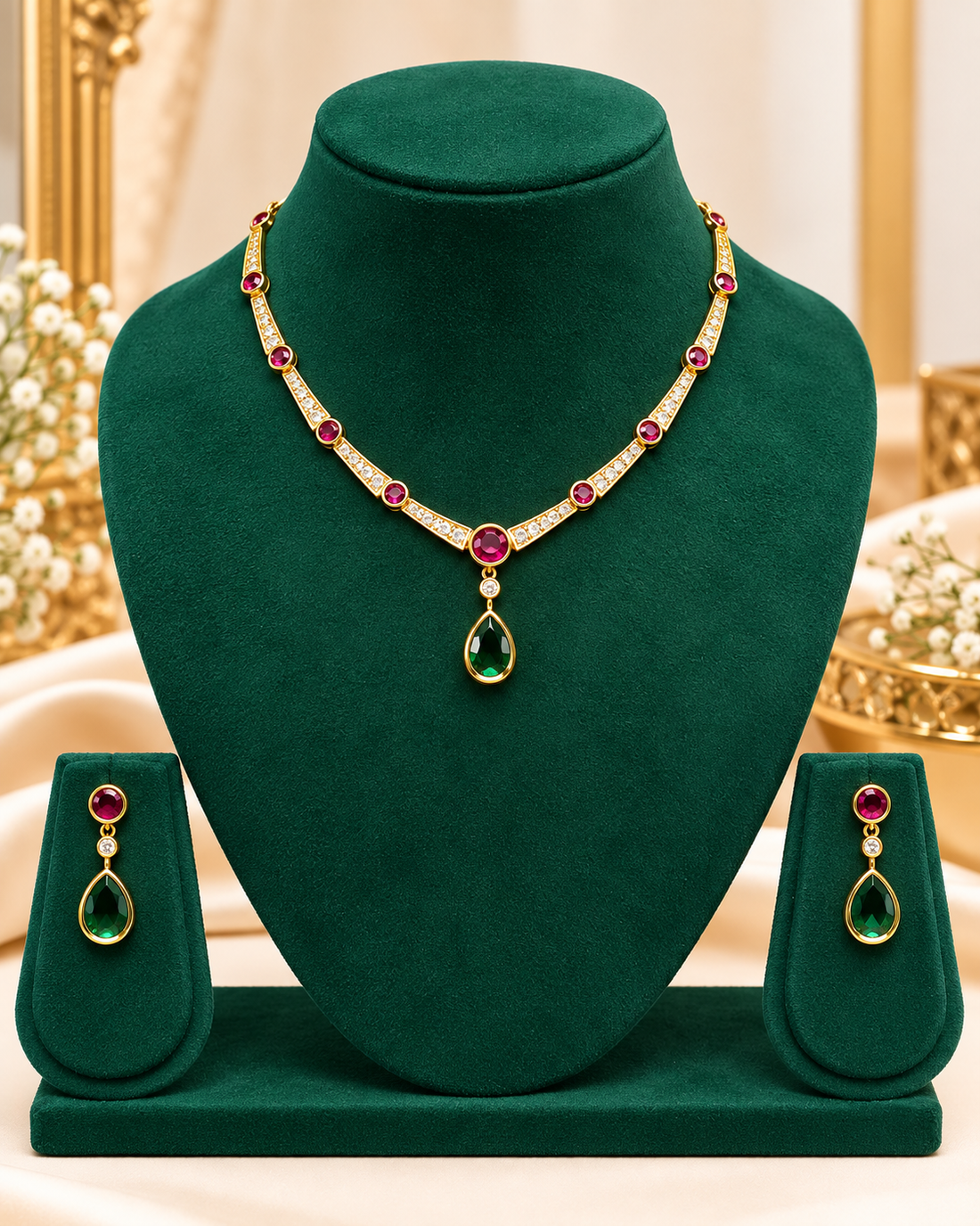 A woman wearing a gold-toned necklace and matching drop earrings with green teardrop stones and red round stones, styled with a dark green saree in an indoor setting.