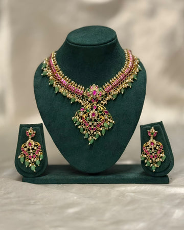 Pink & Green Bridal Necklace Set | ONK324