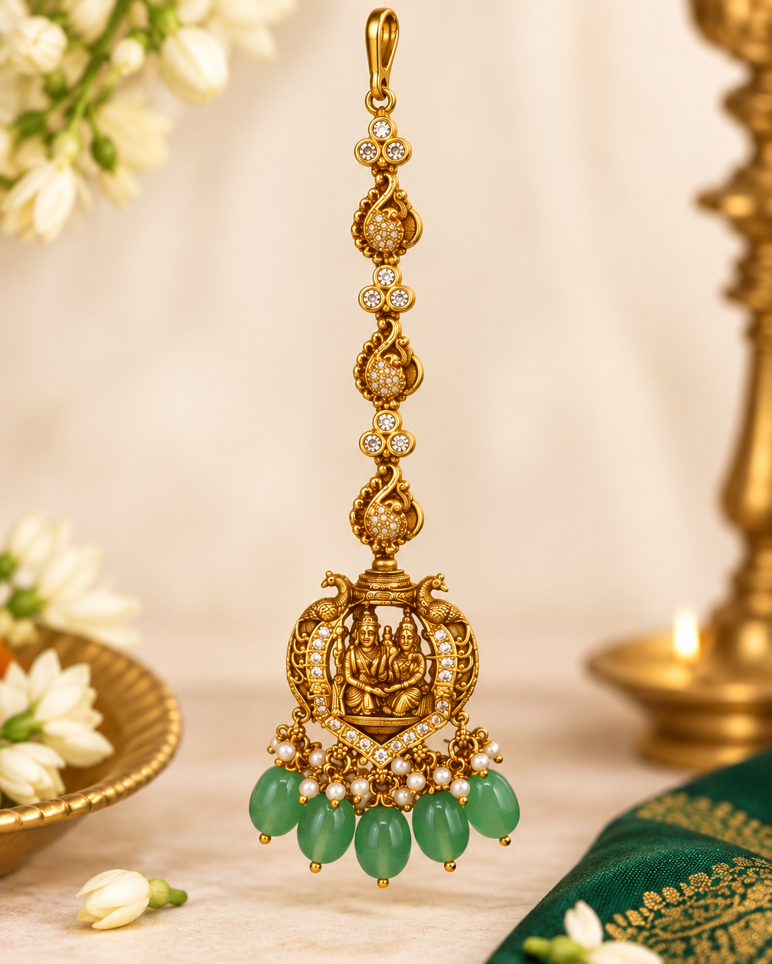 Temple Maang Tikka with Green Beads | ONK329