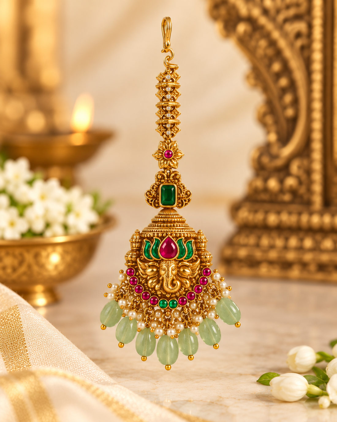 Ganesha Maang Tikka with Green Beads | ONK330