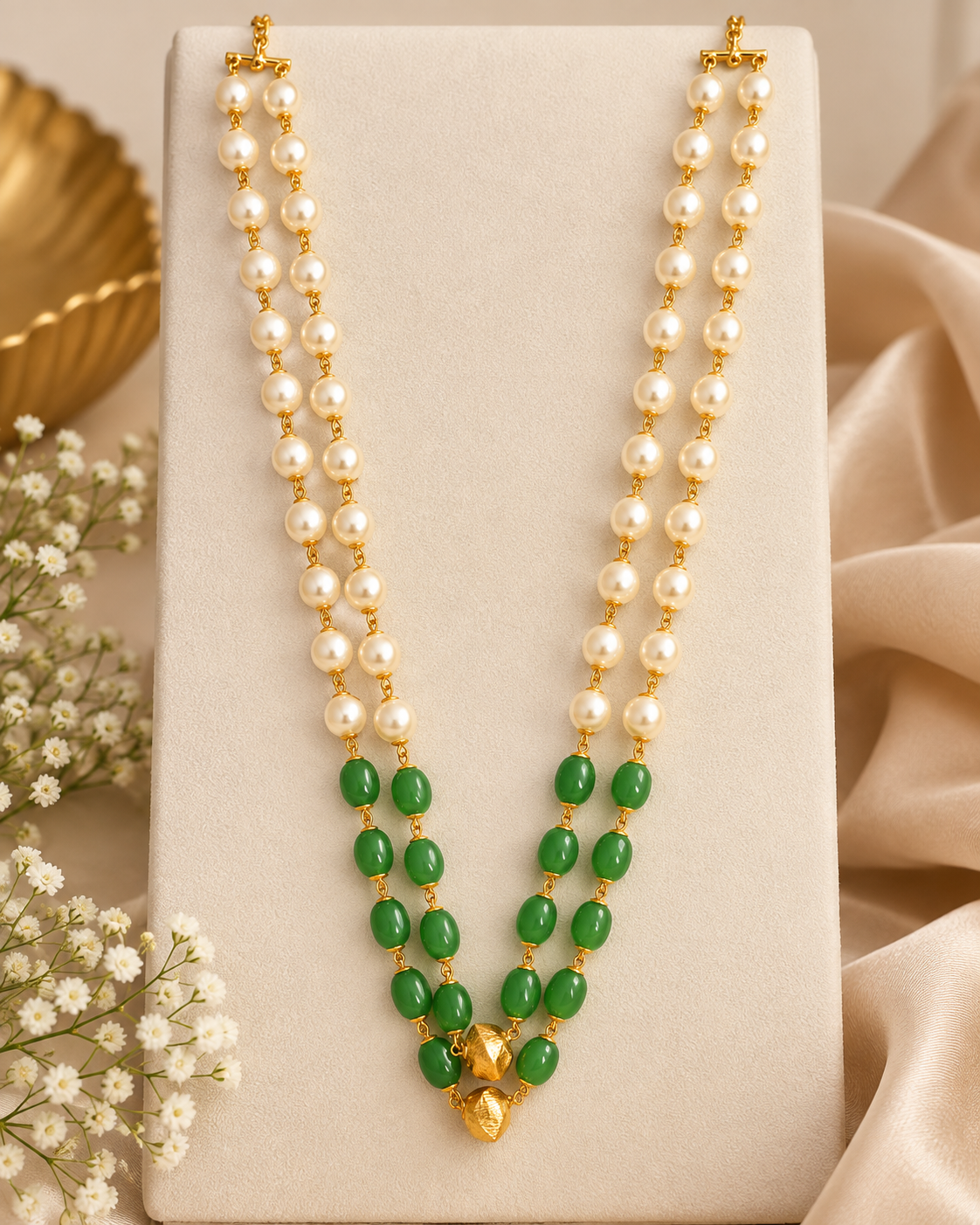 Green Bead Pearl Long Necklace | ONK331