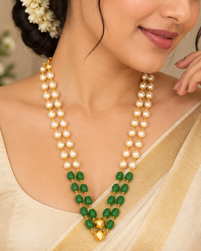 Green Bead Pearl Long Necklace | ONK331