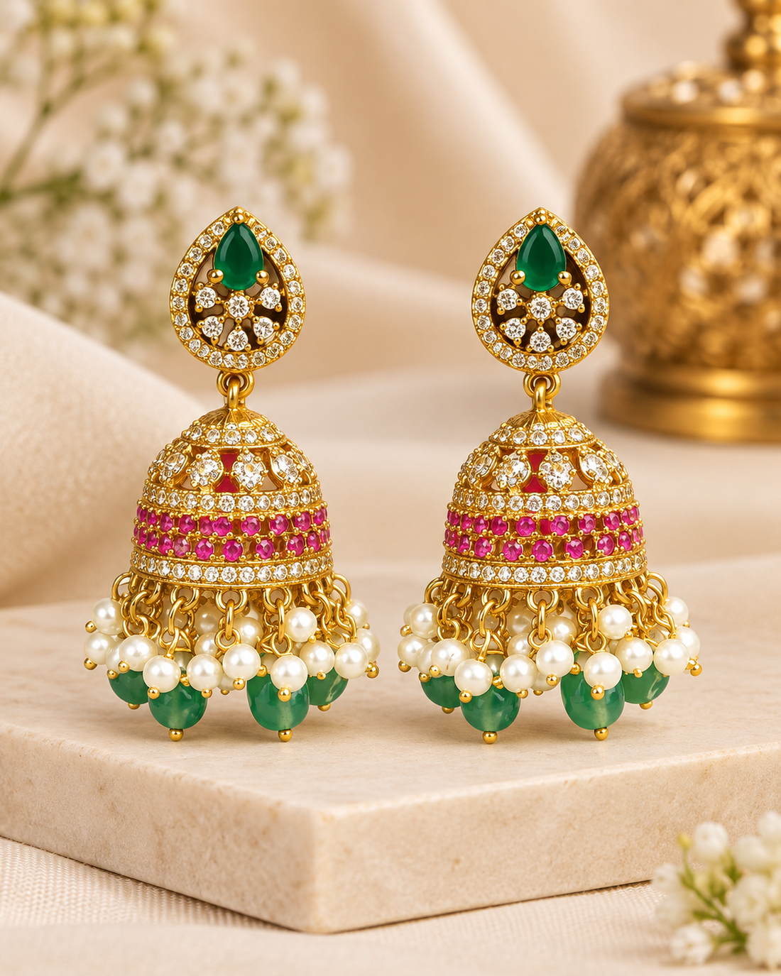 Emerald Pink Pearl Jhumka Earrings | ONK332