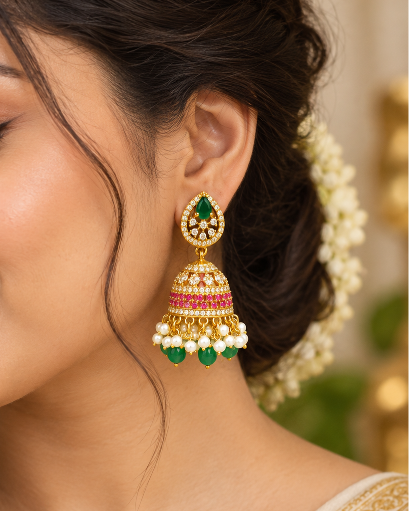 Emerald Pink Pearl Jhumka Earrings | ONK332