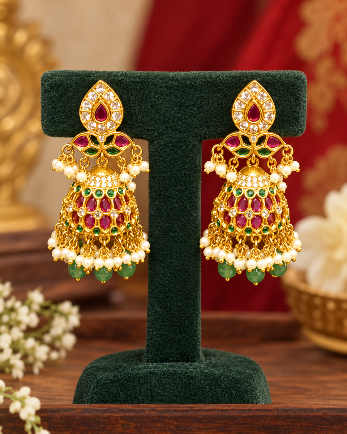 Ruby Green Pearl Jhumka Earrings | ONK333
