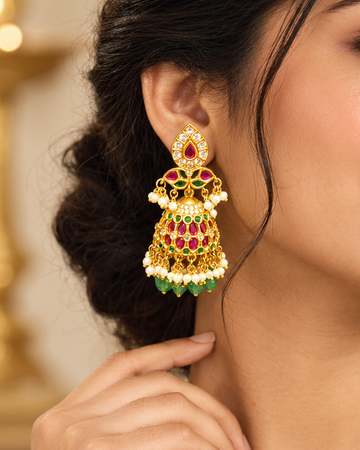 Ruby Green Pearl Jhumka Earrings | ONK333