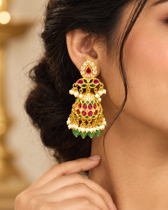 Ruby Green Pearl Jhumka Earrings | ONK333