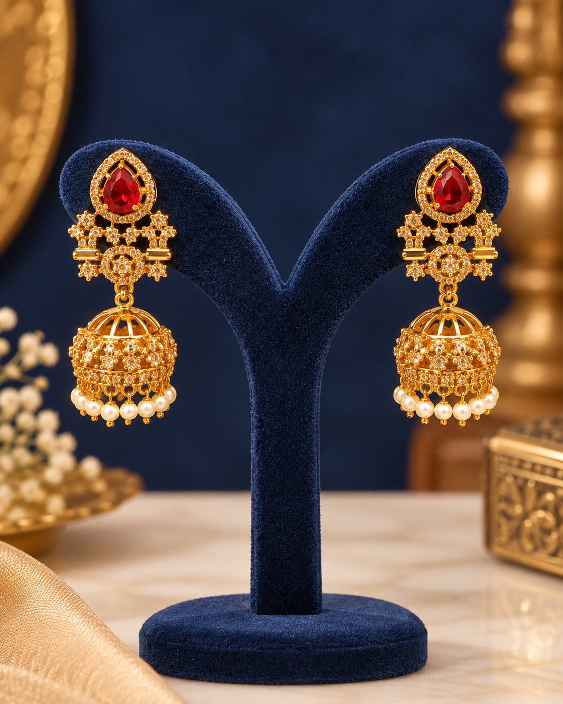 Ruby Red Pearl Jhumka Earrings | ONK334