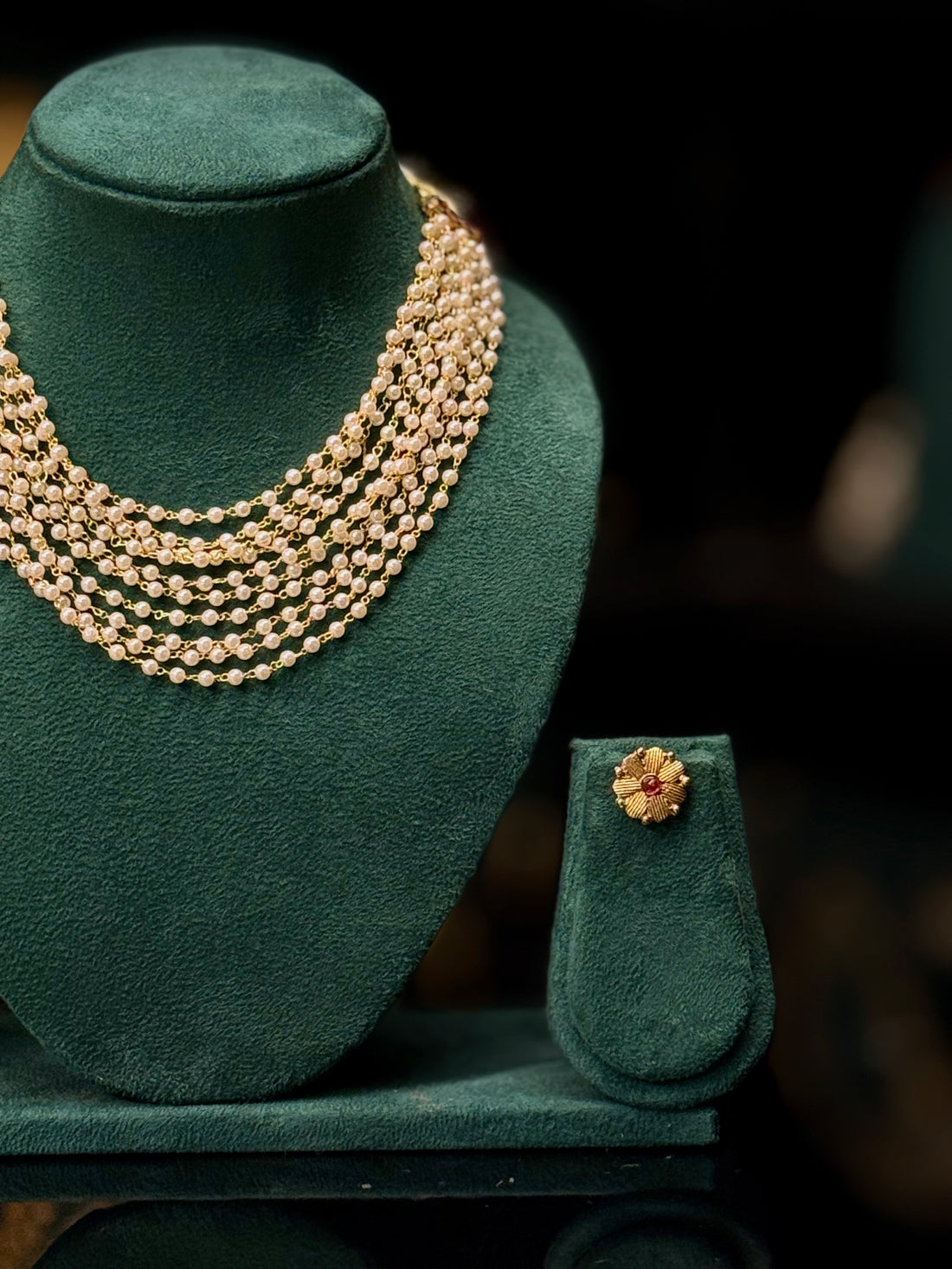 Multi-Layer Pearl Gold Necklace Set with Floral Earrings | ONK337