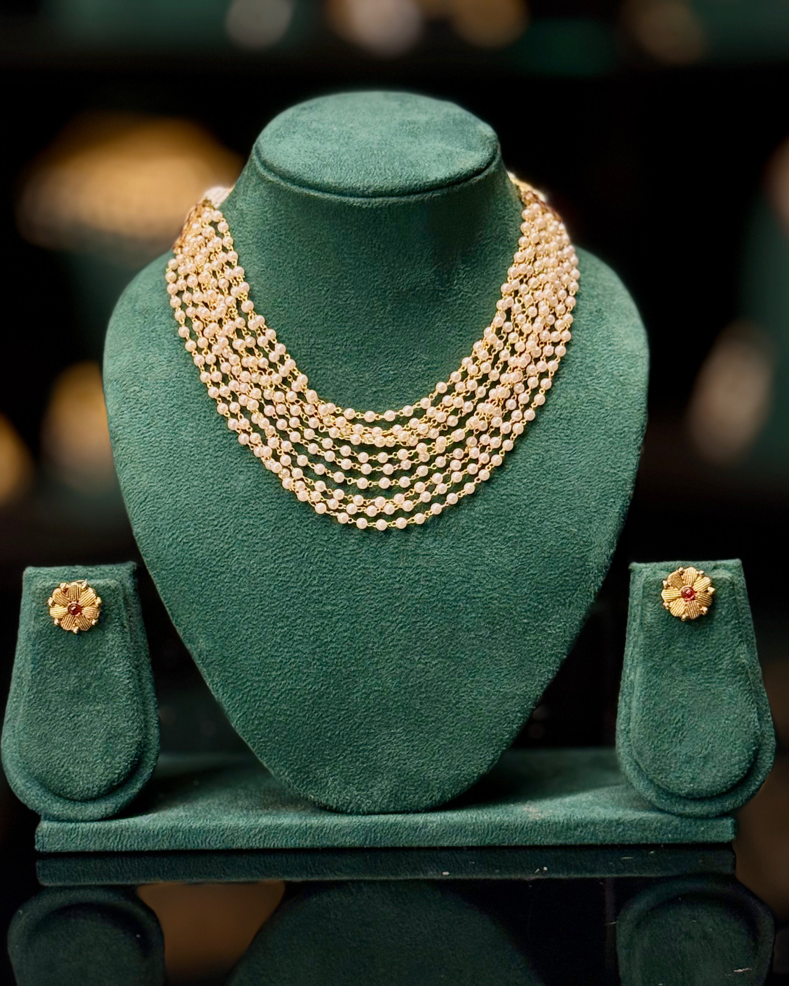 Multi-Layer Pearl Gold Necklace Set with Floral Earrings | ONK337