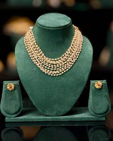 Multi-Layer Pearl Gold Necklace Set with Floral Earrings | ONK337