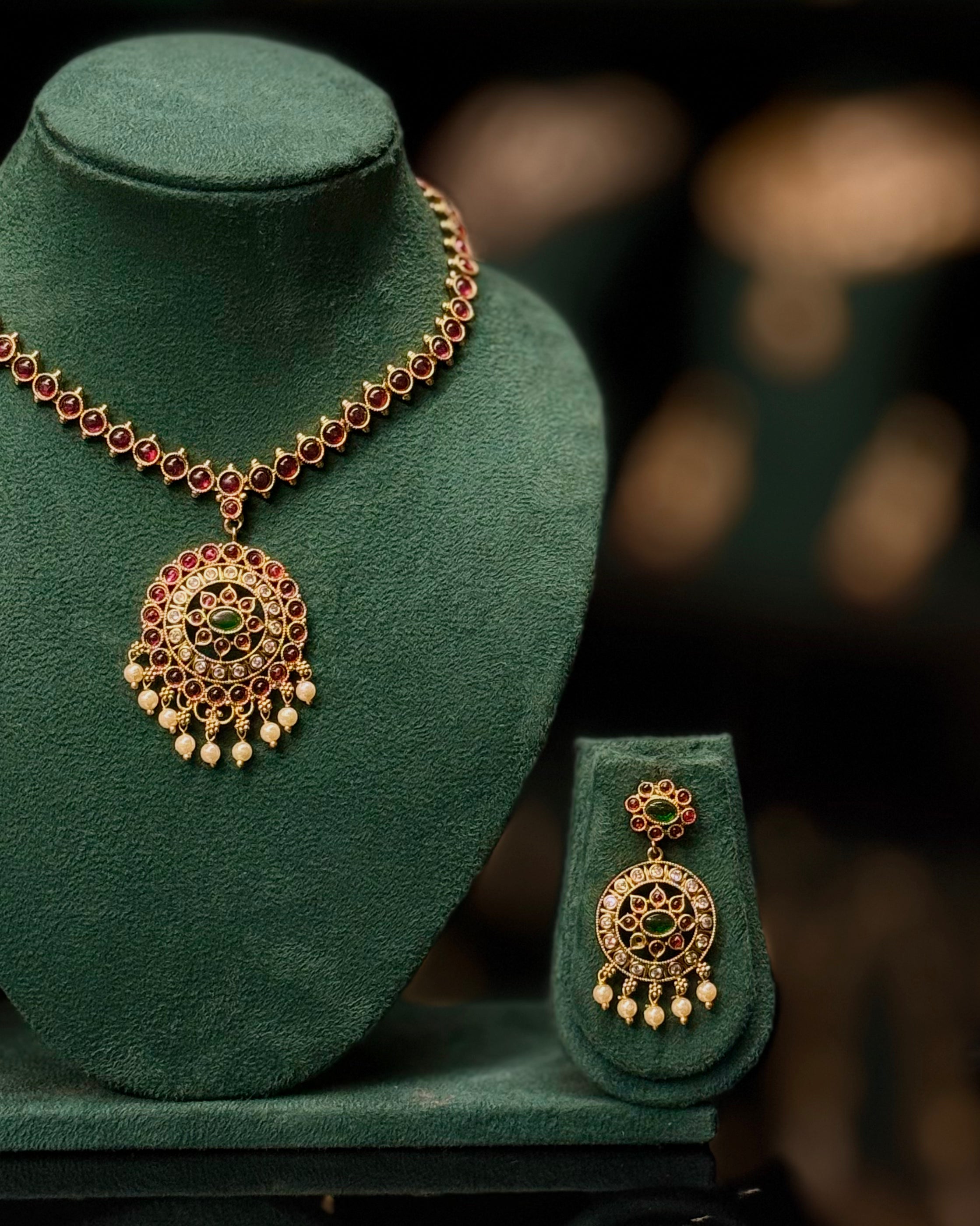 Ruby & Emerald Antique Gold Necklace Set with Earrings | ONK339