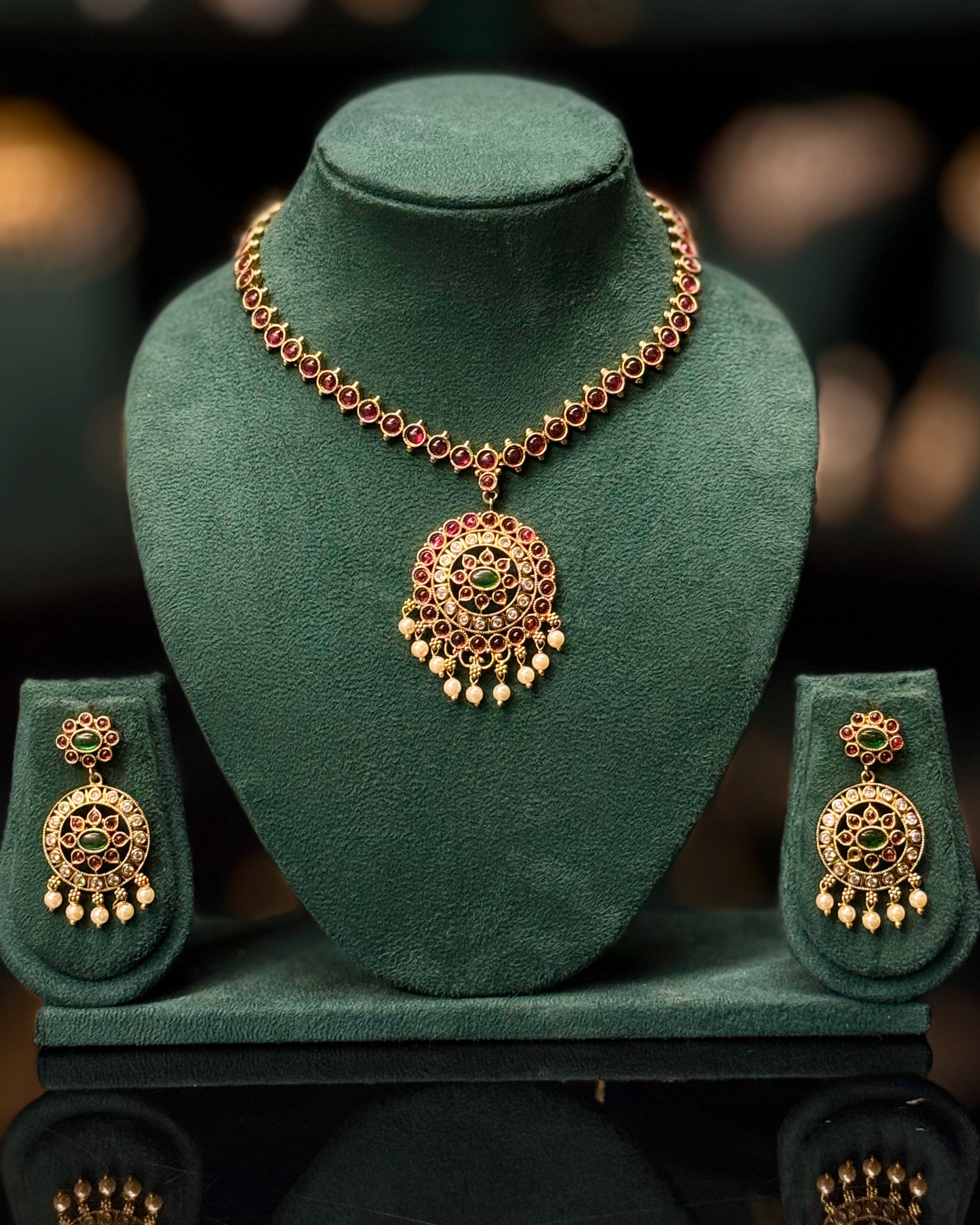 Ruby & Emerald Antique Gold Necklace Set with Earrings | ONK339