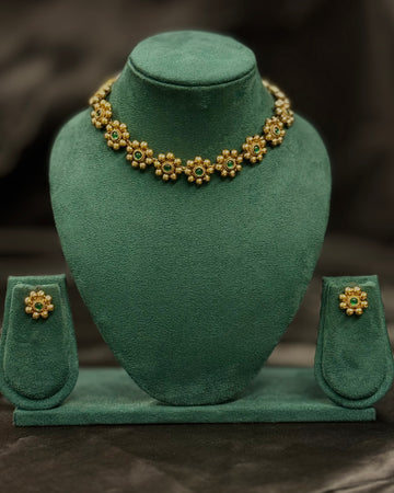 Traditional Gold Floral Choker Necklace Set with Earrings | ONK342