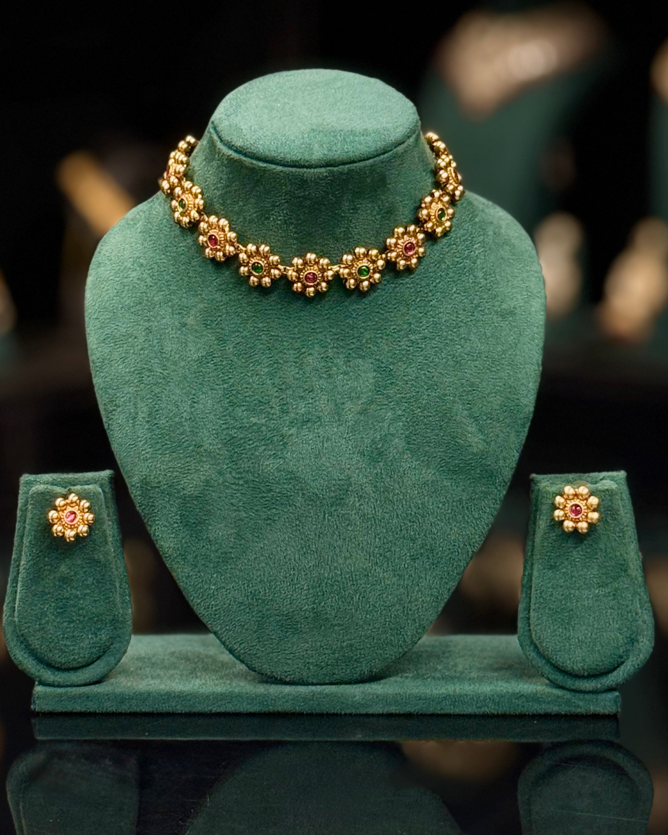 Traditional Gold Floral Choker Necklace Set with Earrings | ONK342