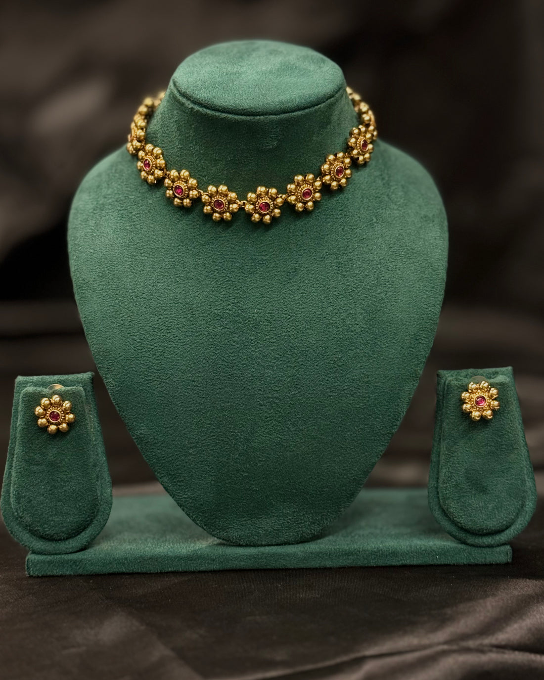 Traditional Gold Floral Choker Necklace Set with Earrings | ONK342