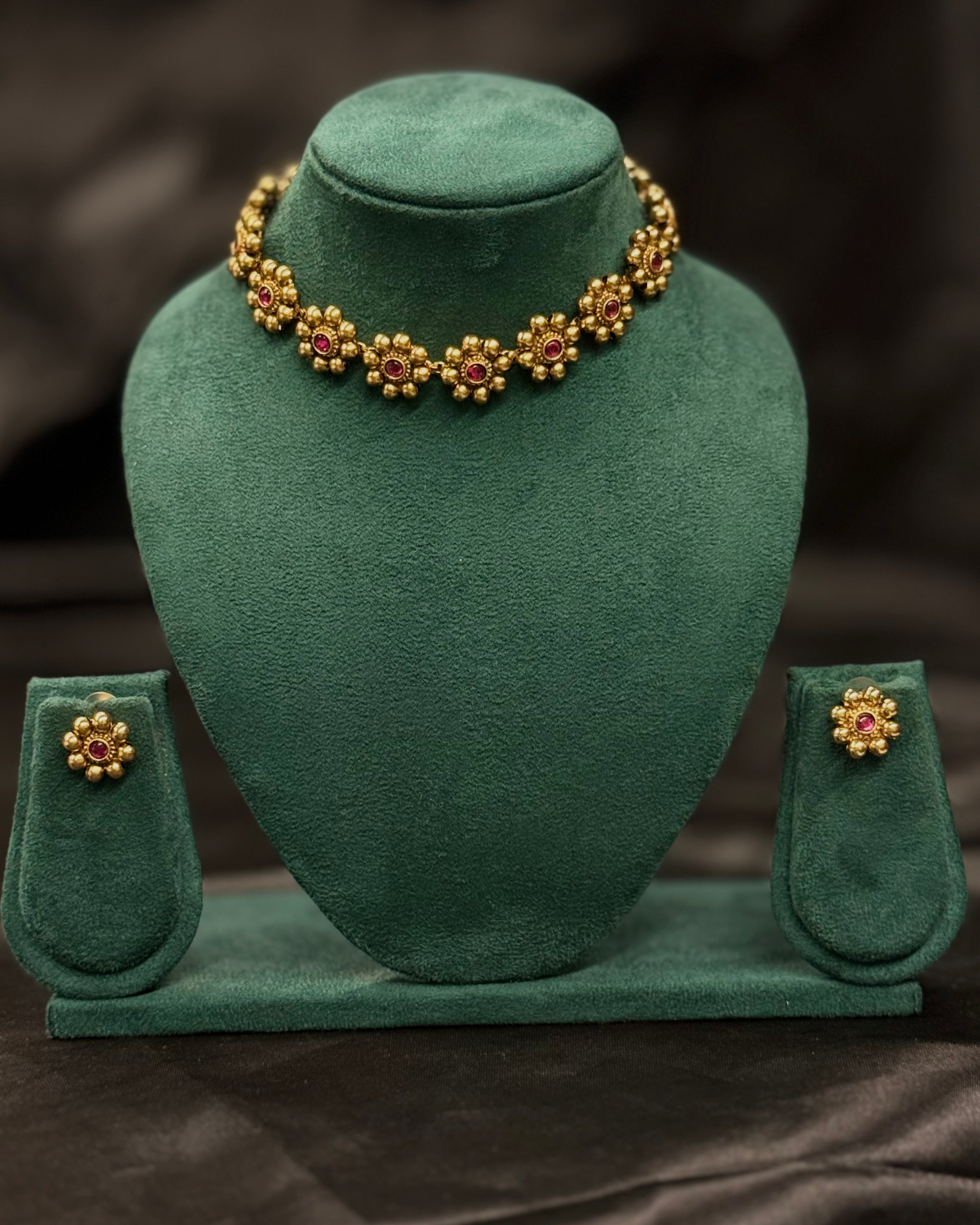 Traditional Gold Floral Choker Necklace Set with Earrings | ONK342
