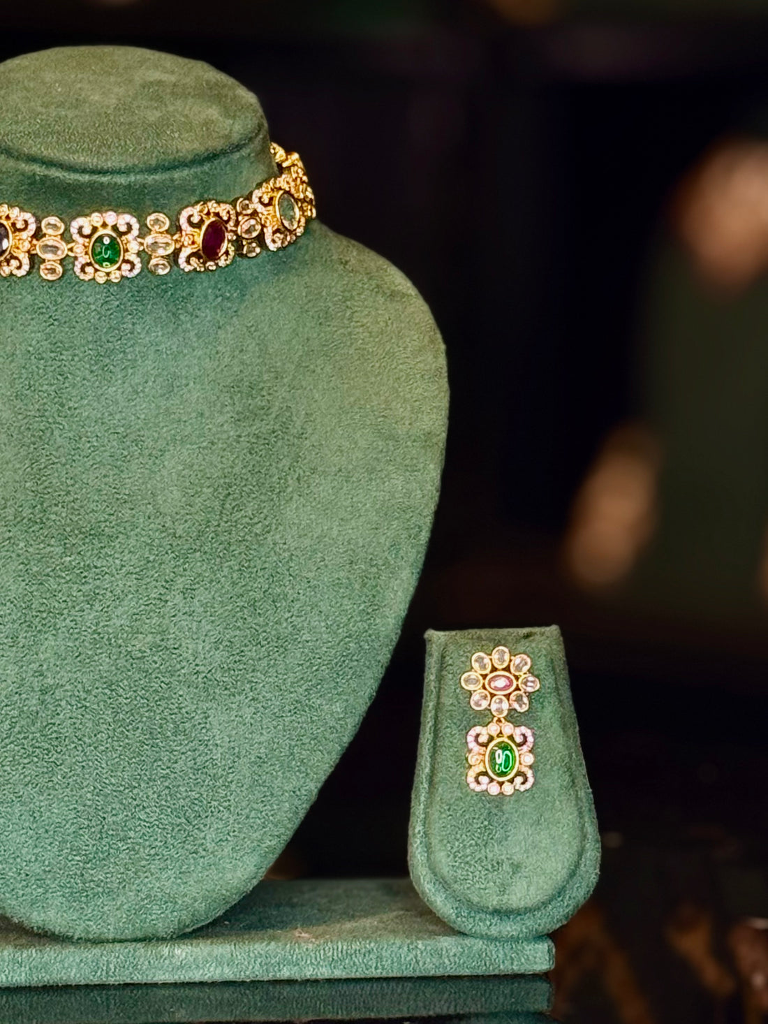 Antique Gold Ruby & Emerald Choker Necklace Set with Earrings | ONK345