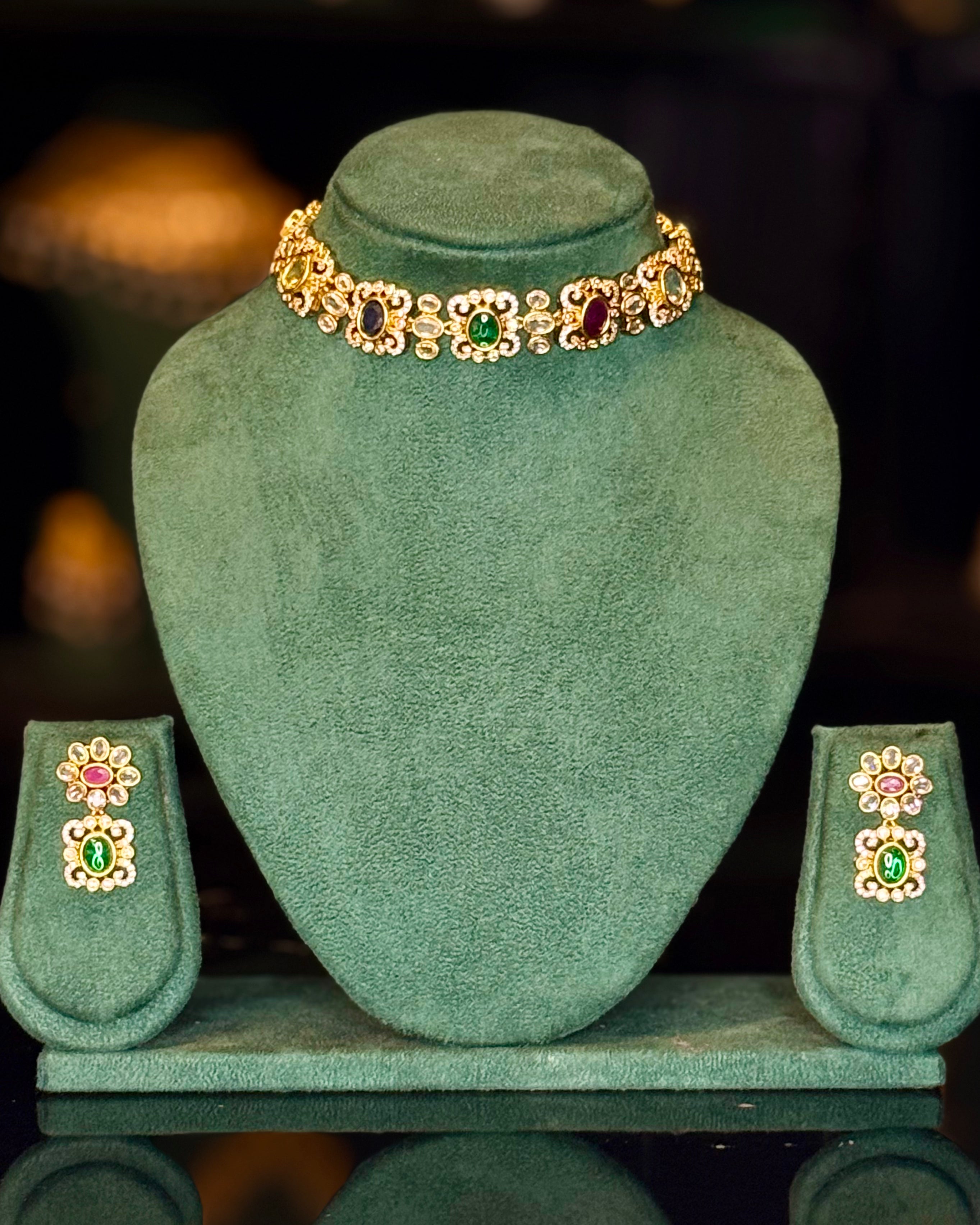 Antique Gold Ruby & Emerald Choker Necklace Set with Earrings | ONK345