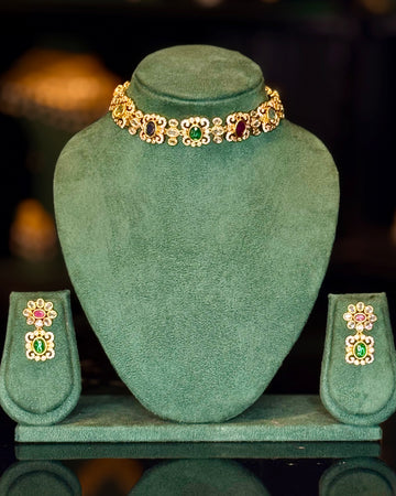 Antique Gold Ruby & Emerald Choker Necklace Set with Earrings | ONK345