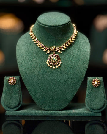 Traditional Ruby & Emerald Gold Necklace Set | ONK346