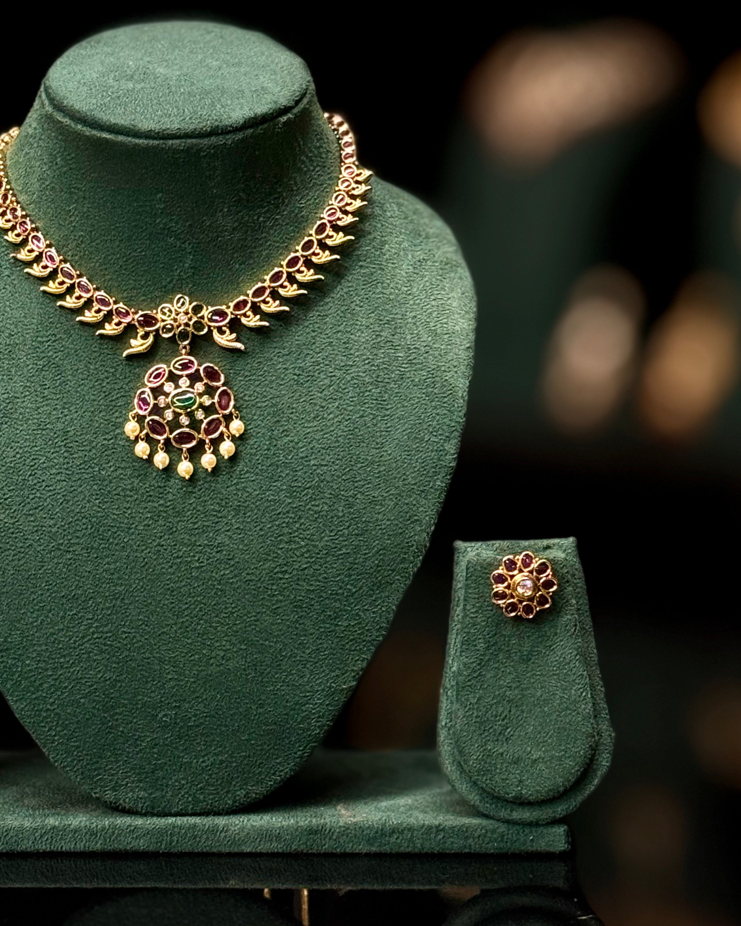 Traditional Ruby & Emerald Gold Necklace Set | ONK346