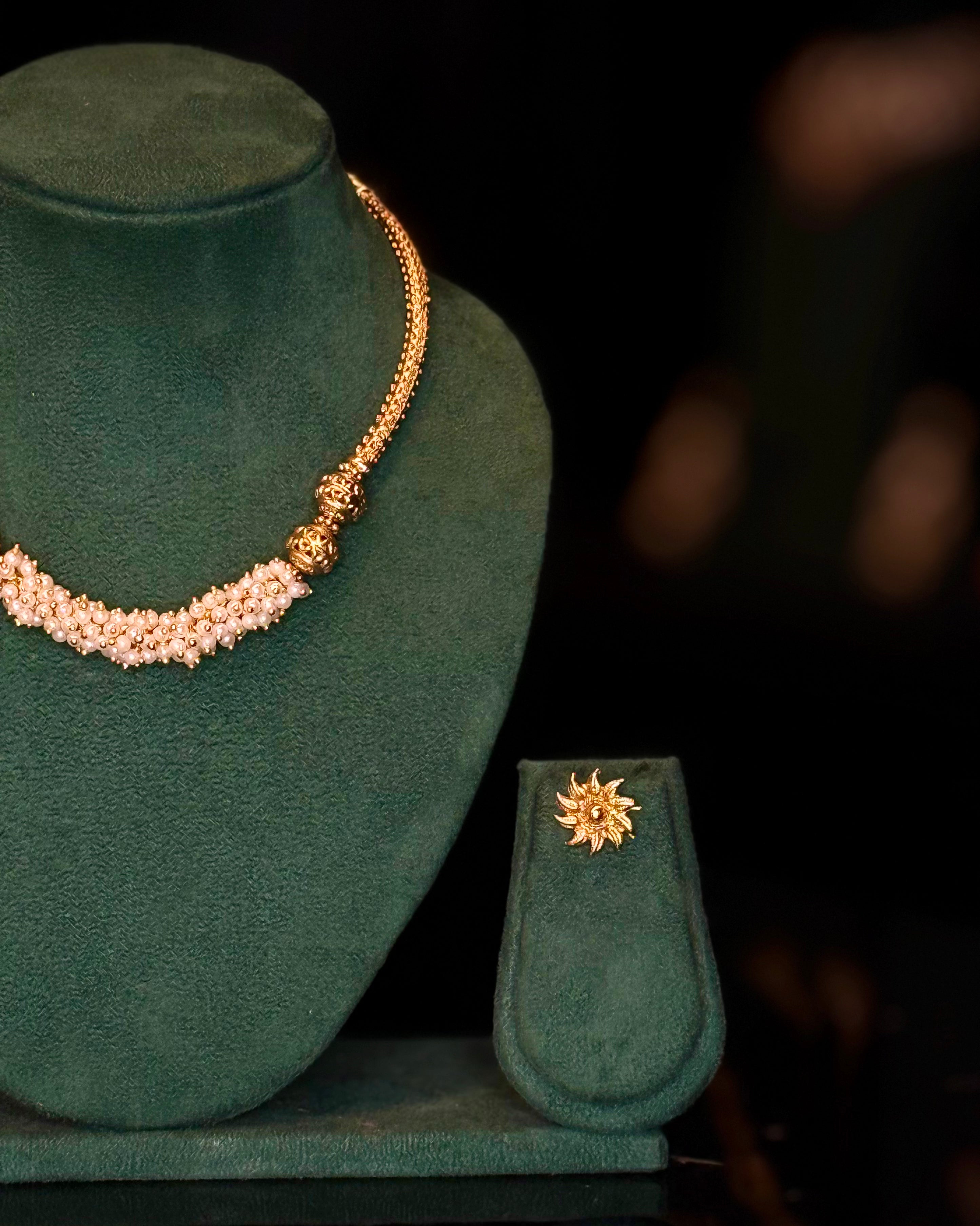 Pearl Gold Necklace Set with Floral Earrings | ONK348