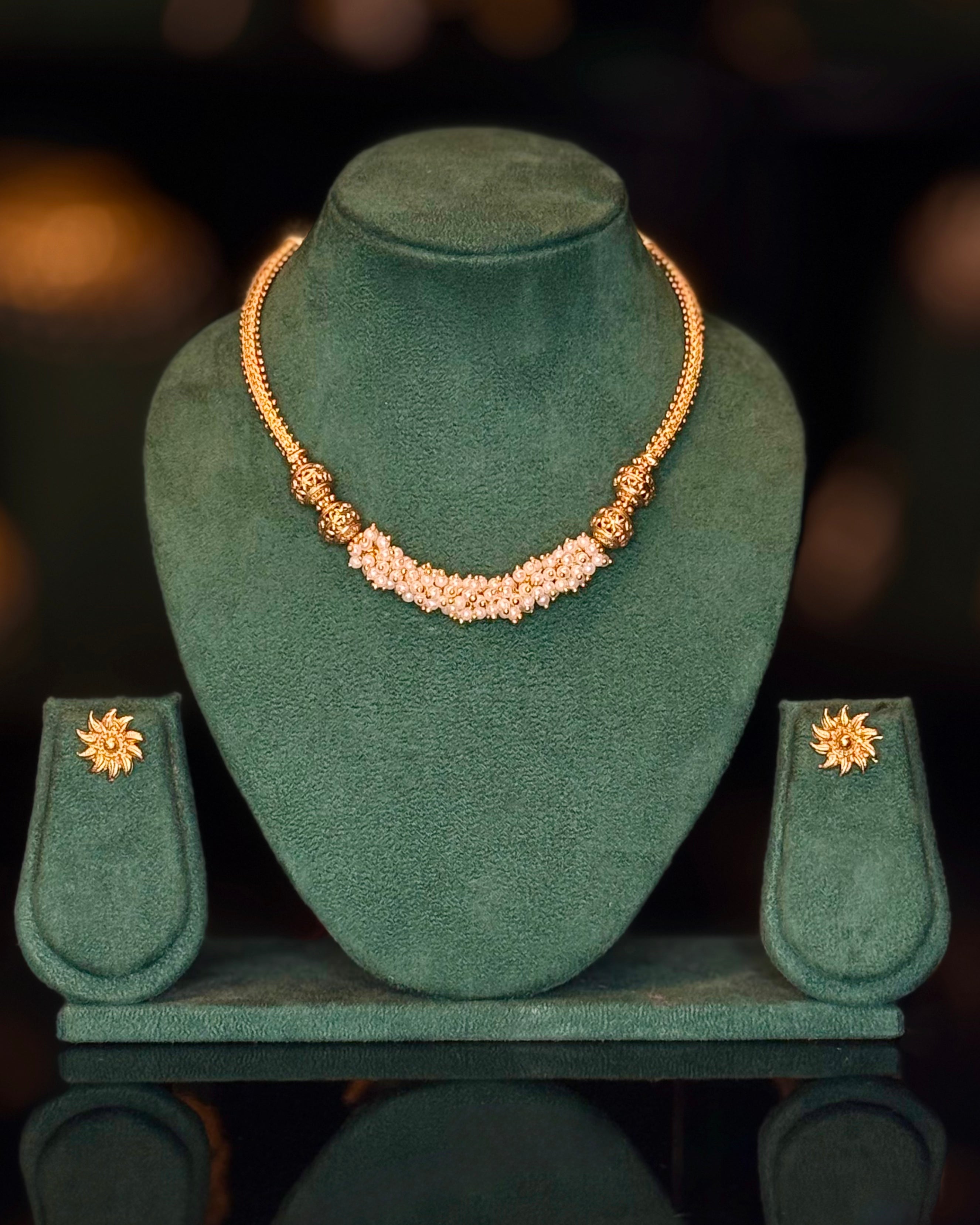 Pearl Gold Necklace Set with Floral Earrings | ONK348