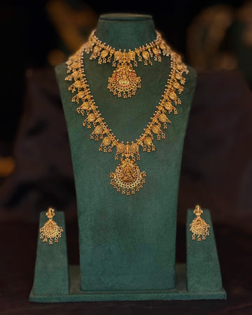 Antique Gold Temple Necklace Set with Lakshmi Pendant - Bridal Jewellery | ONK349