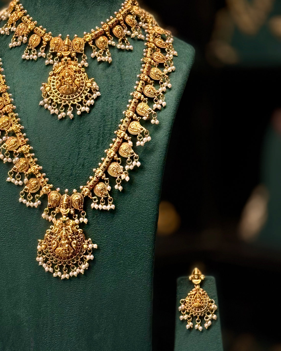 Antique Gold Lakshmi Temple Jewellery Necklace Set with Earrings | ONK350