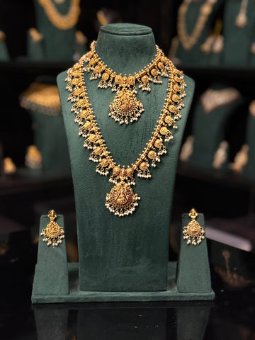 Antique Gold Lakshmi Temple Jewellery Necklace Set with Earrings | ONK350