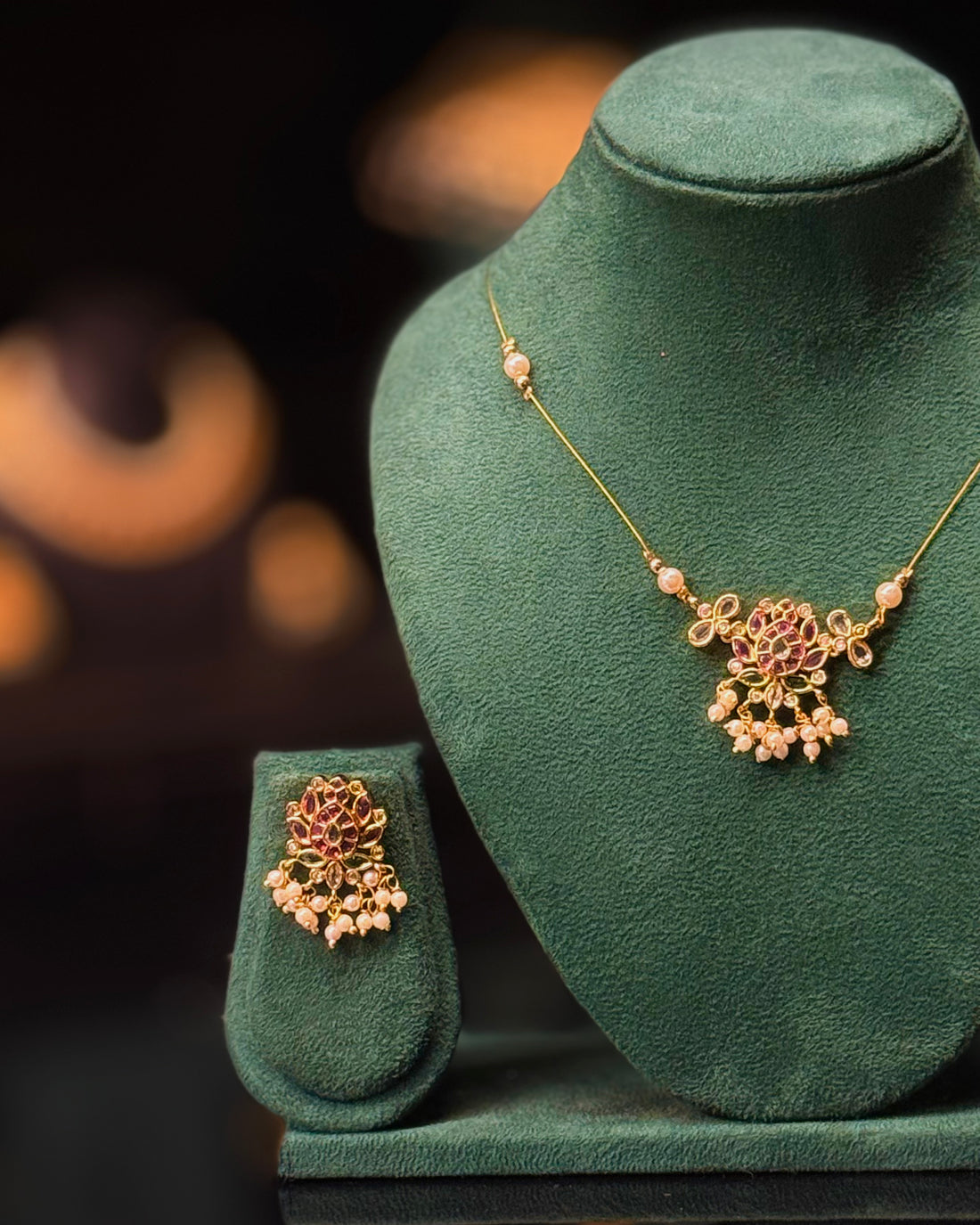 Elegant Ruby Gold Necklace Set with Pearl Drops & Matching Earrings | ONK352