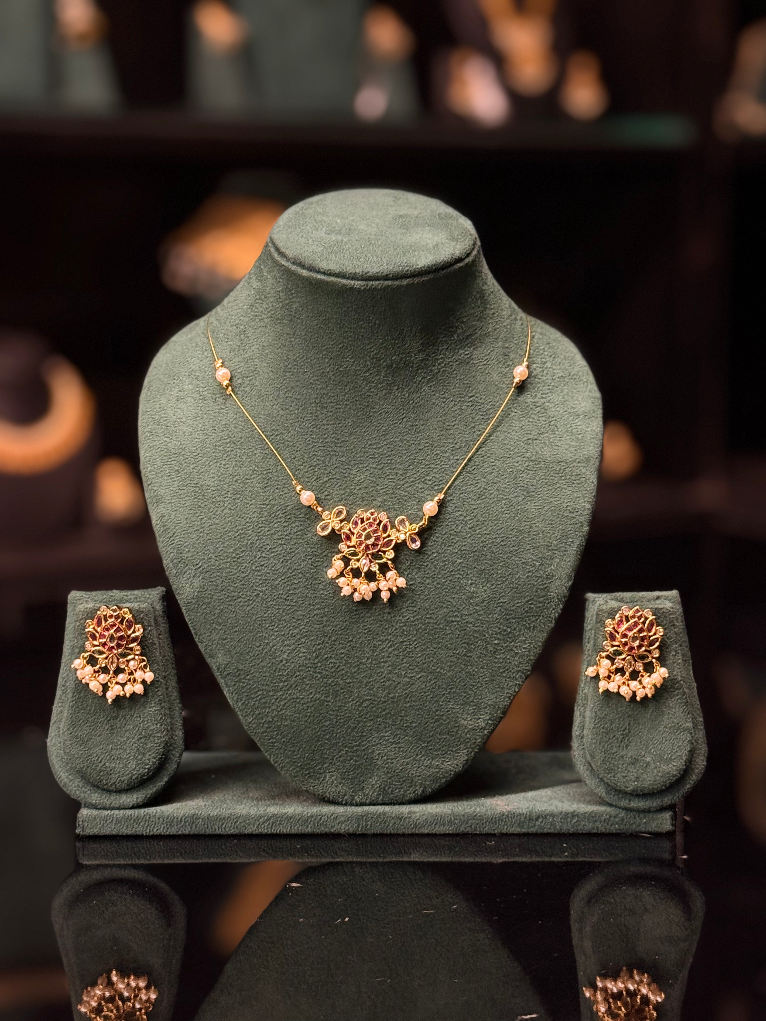 Elegant Ruby Gold Necklace Set with Pearl Drops & Matching Earrings | ONK352