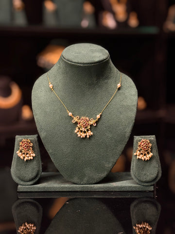 Elegant Ruby Gold Necklace Set with Pearl Drops & Matching Earrings | ONK352