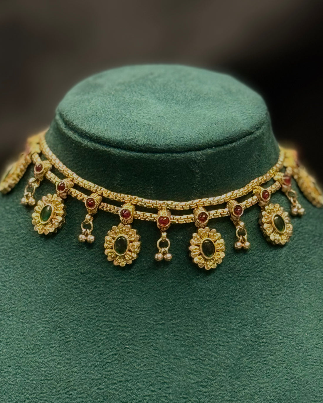Traditional Gold Choker Necklace Set with Ruby & Emerald Stones | ONK354