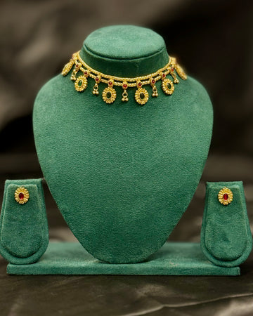 Traditional Gold Choker Necklace Set with Ruby & Emerald Stones | ONK354