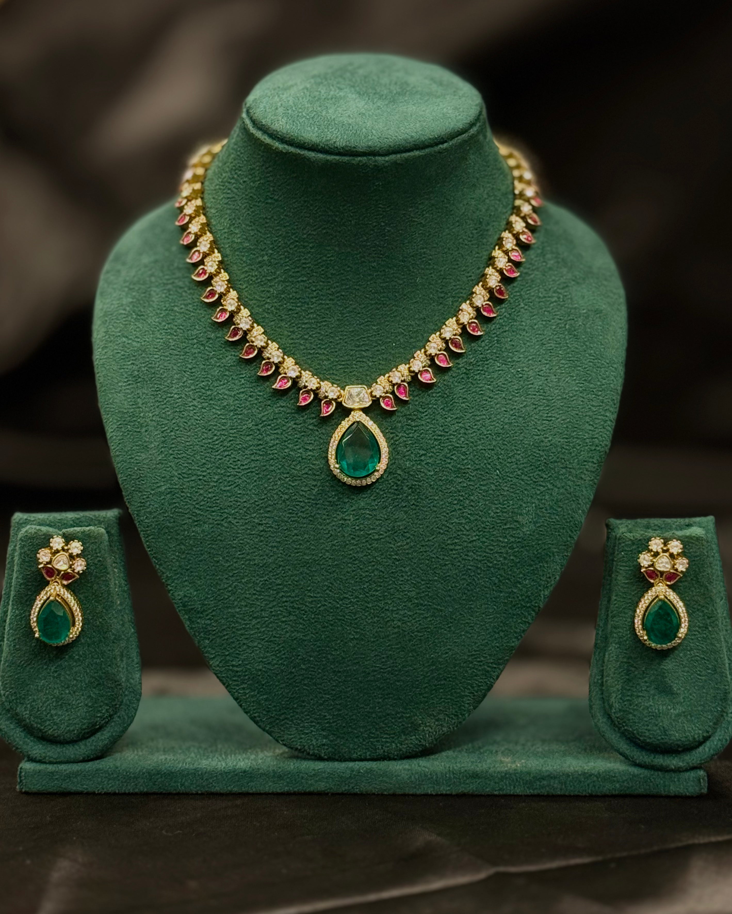 Gold Emerald & Ruby Necklace Set with Teardrop Pendant | ONK355