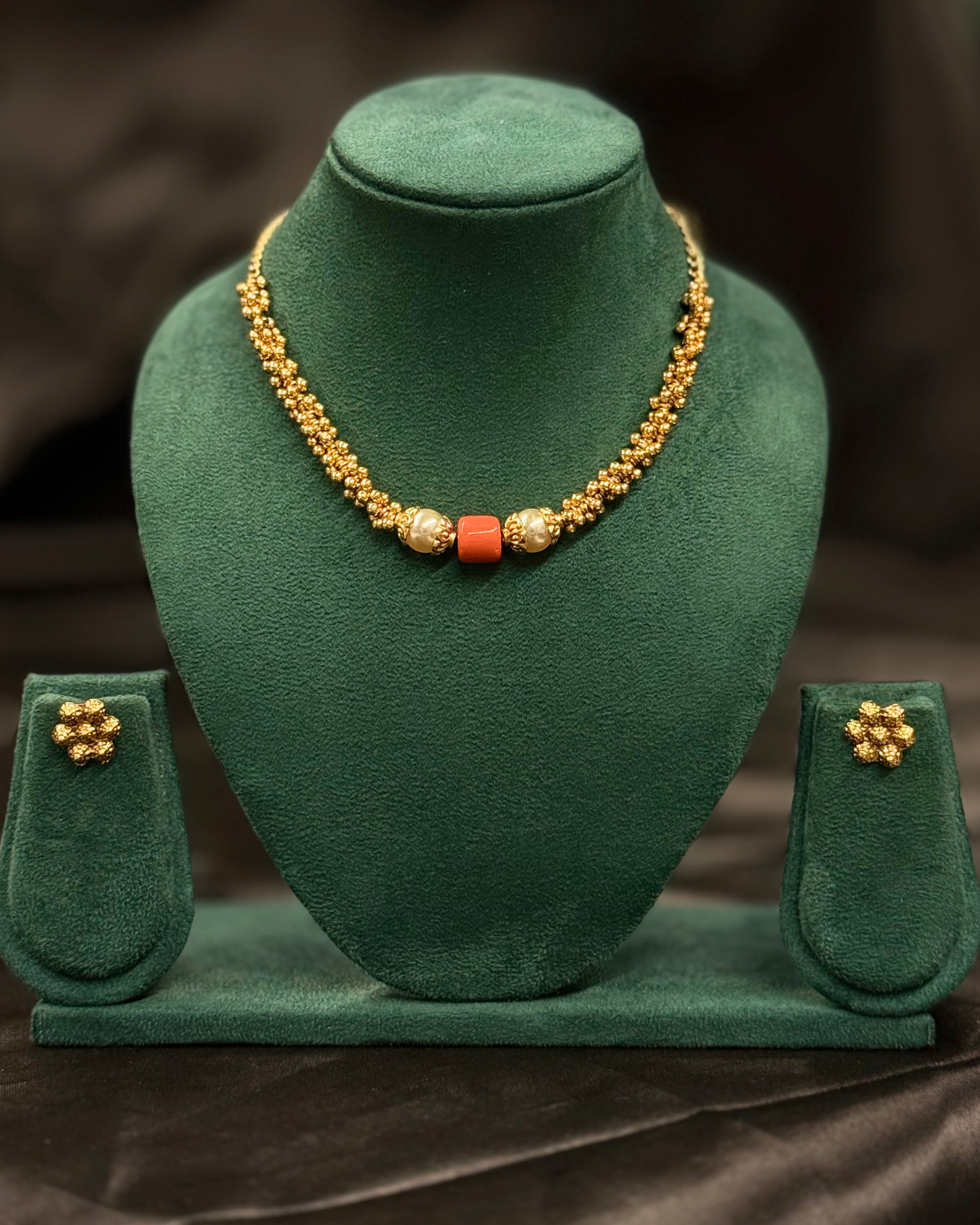 Traditional Gold Coral Bead Necklace Set with Matching Earrings | ONK356