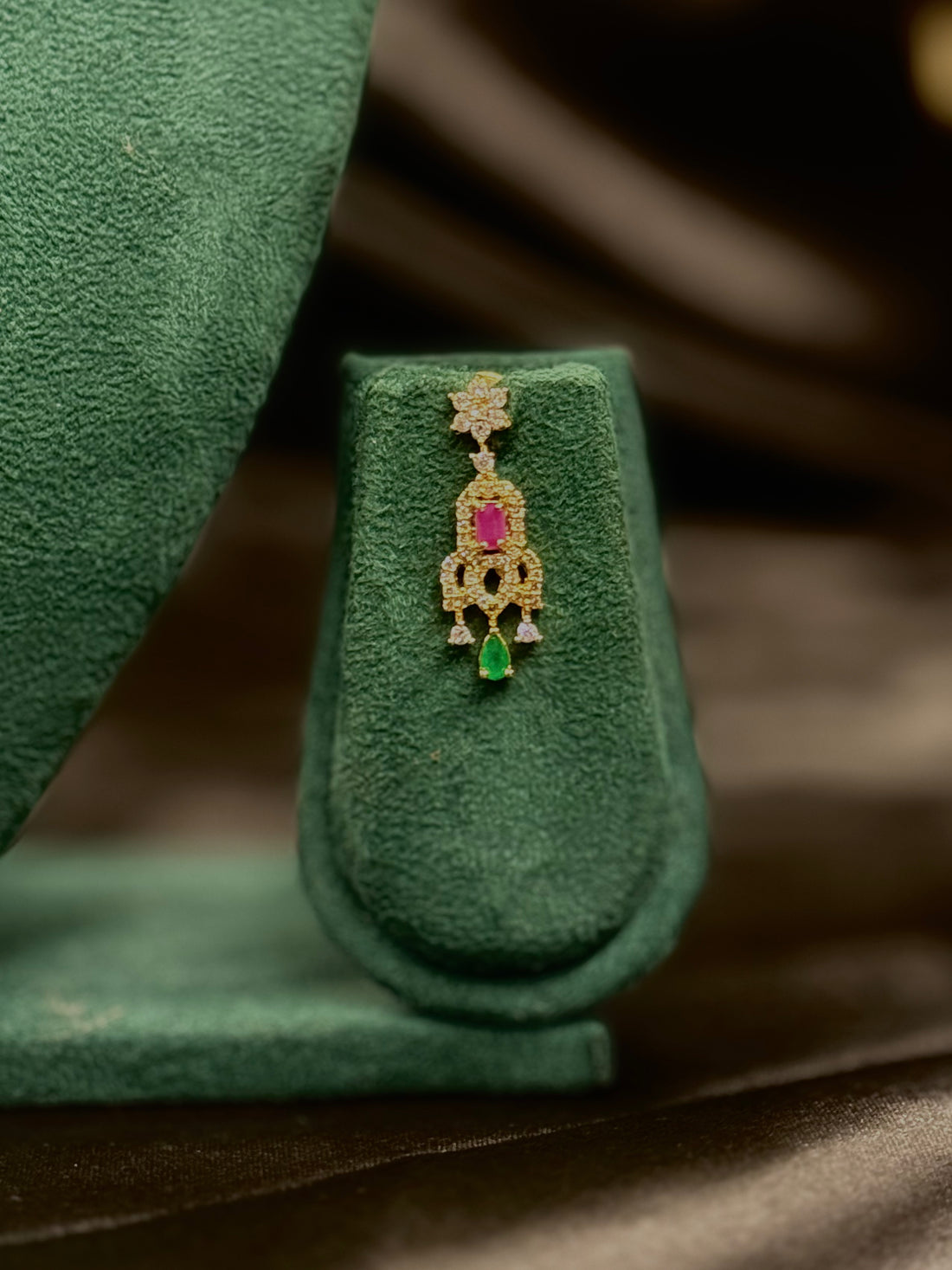 Elegant Gold Floral Necklace Set with Ruby & Emerald Drops | ONK358