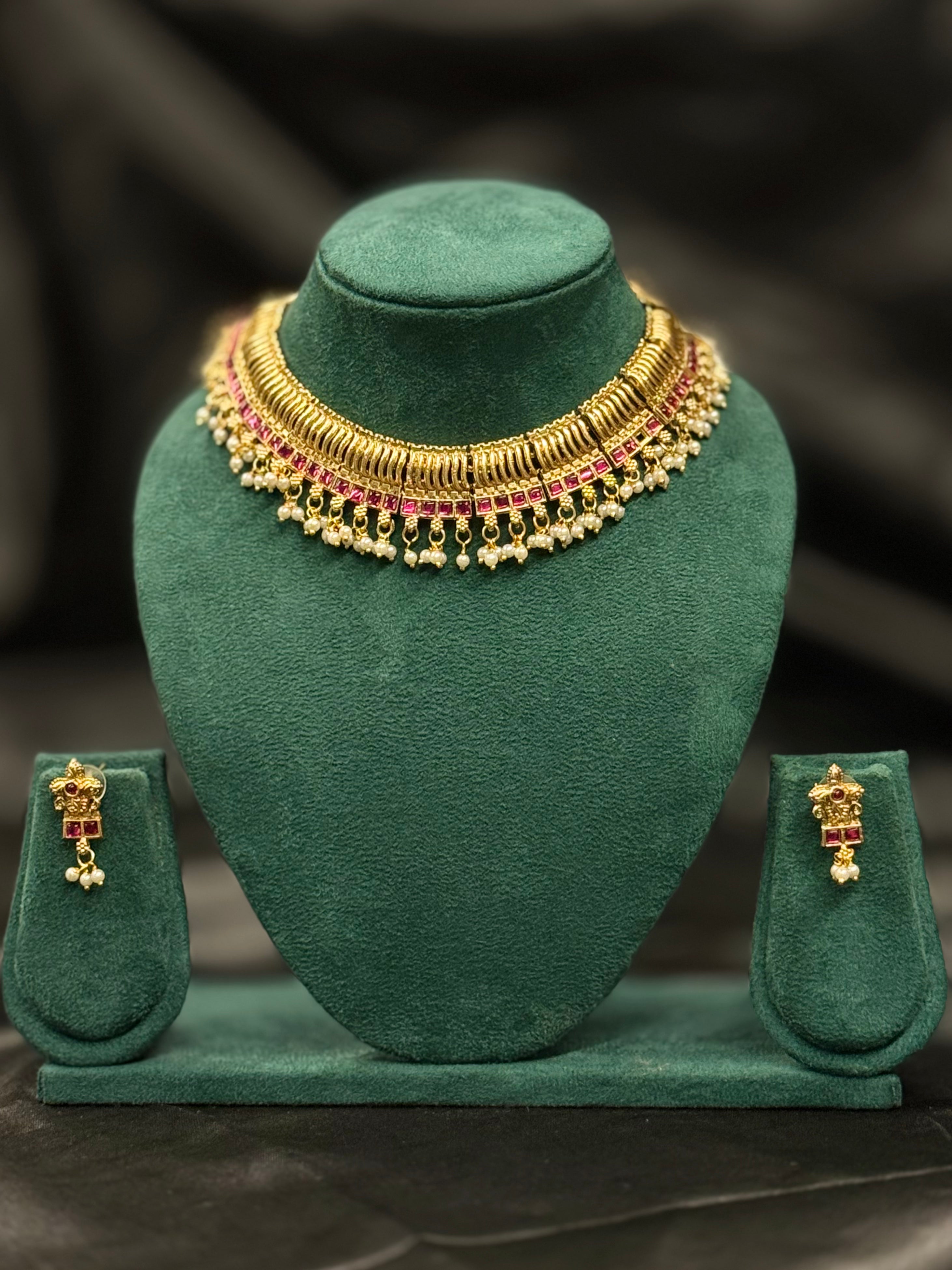 Traditional Gold Ruby Necklace Set with Pearl Drops | ONK360