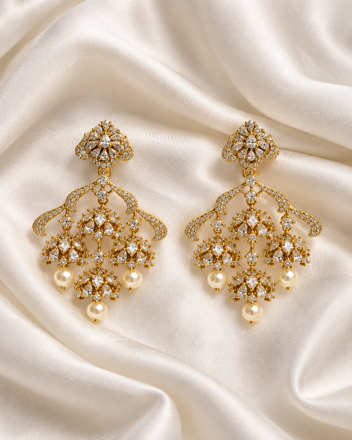 Gold Polki Diamond Chandelier Earrings with Pearl Drops | ONK362