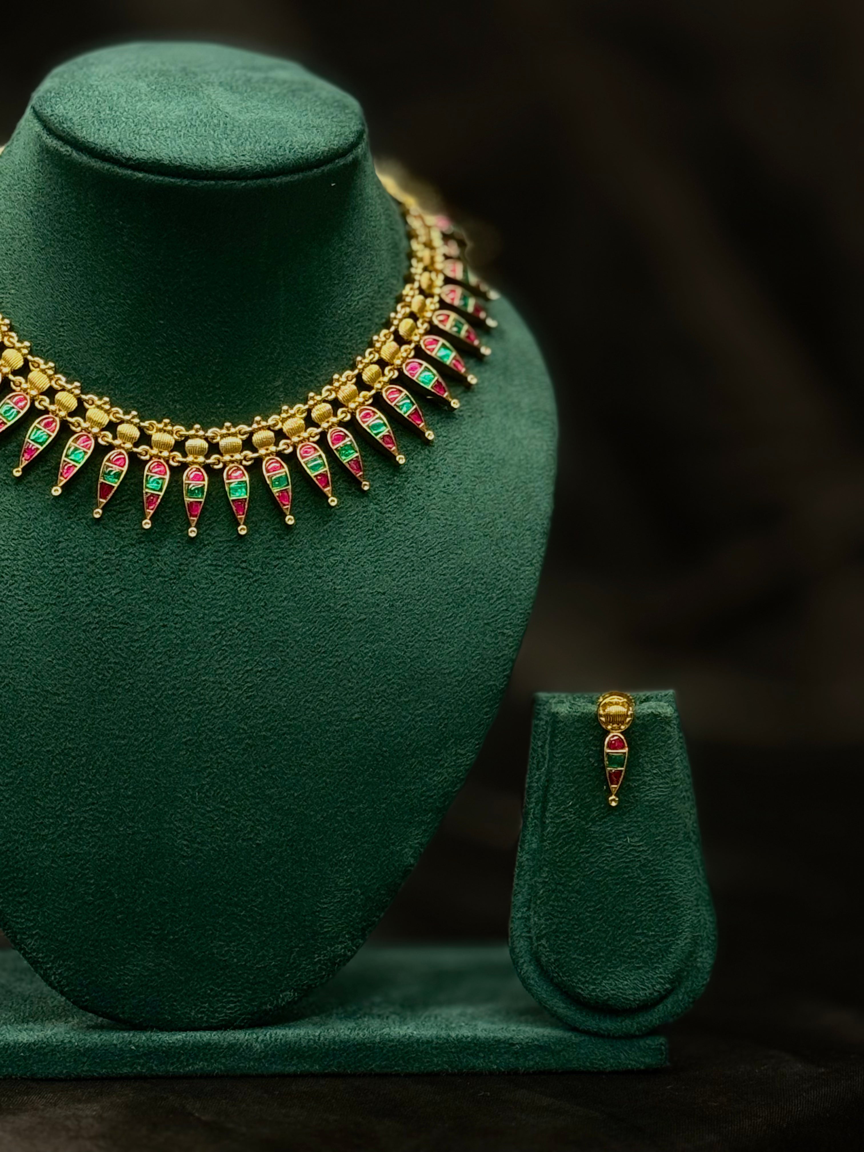 Traditional Ruby & Green Multi-Color Necklace Set with Matching Earrings | ONK367