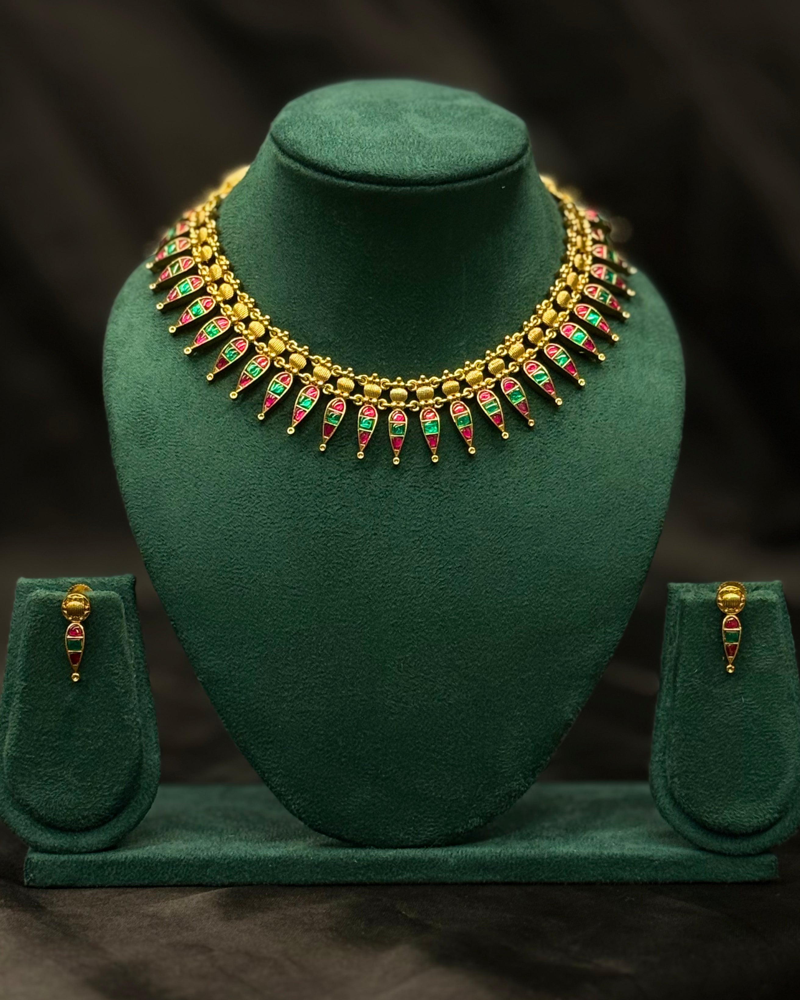 Traditional Ruby & Green Multi-Color Necklace Set with Matching Earrings | ONK367