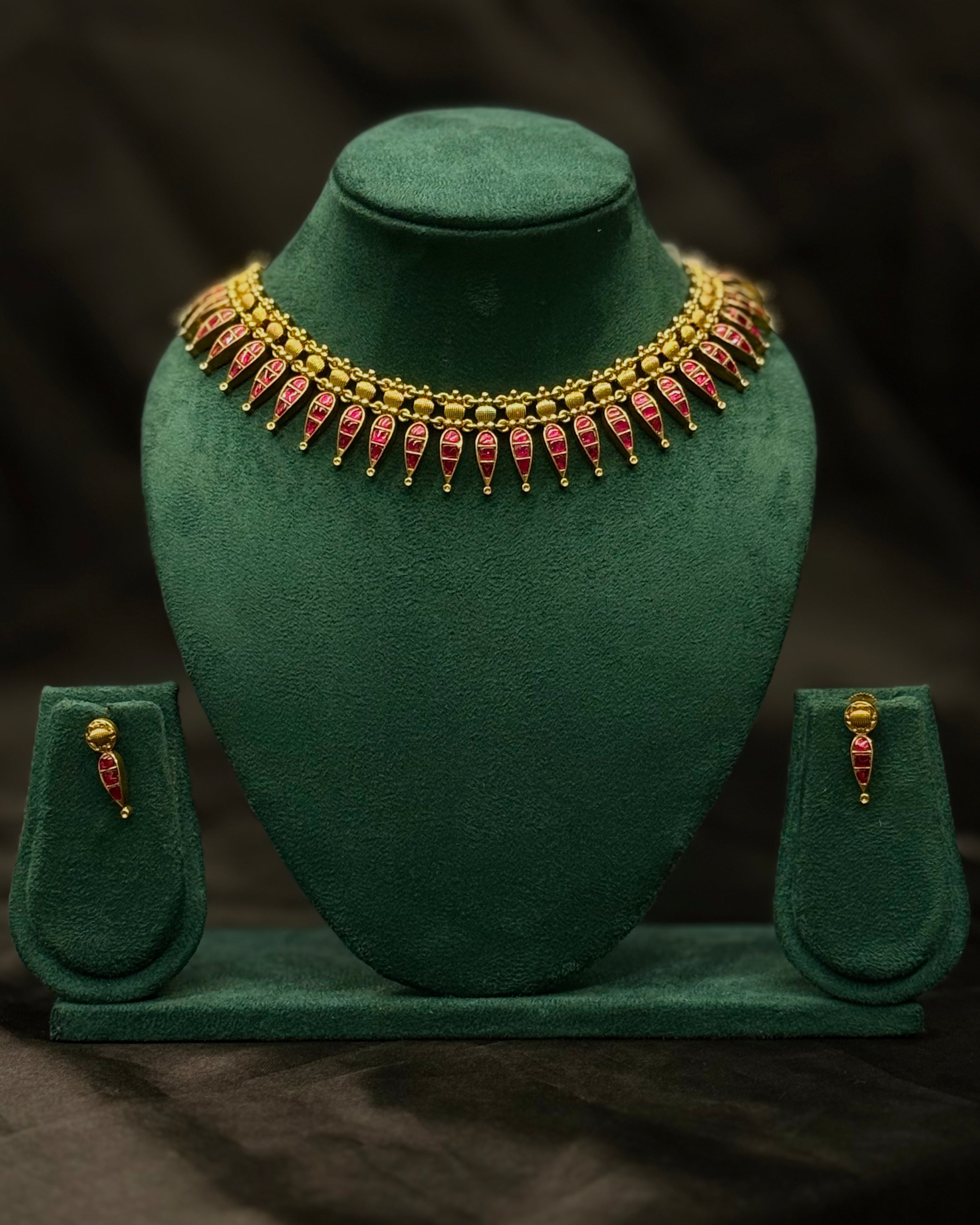 Traditional Ruby & Green Multi-Color Necklace Set with Matching Earrings | ONK367