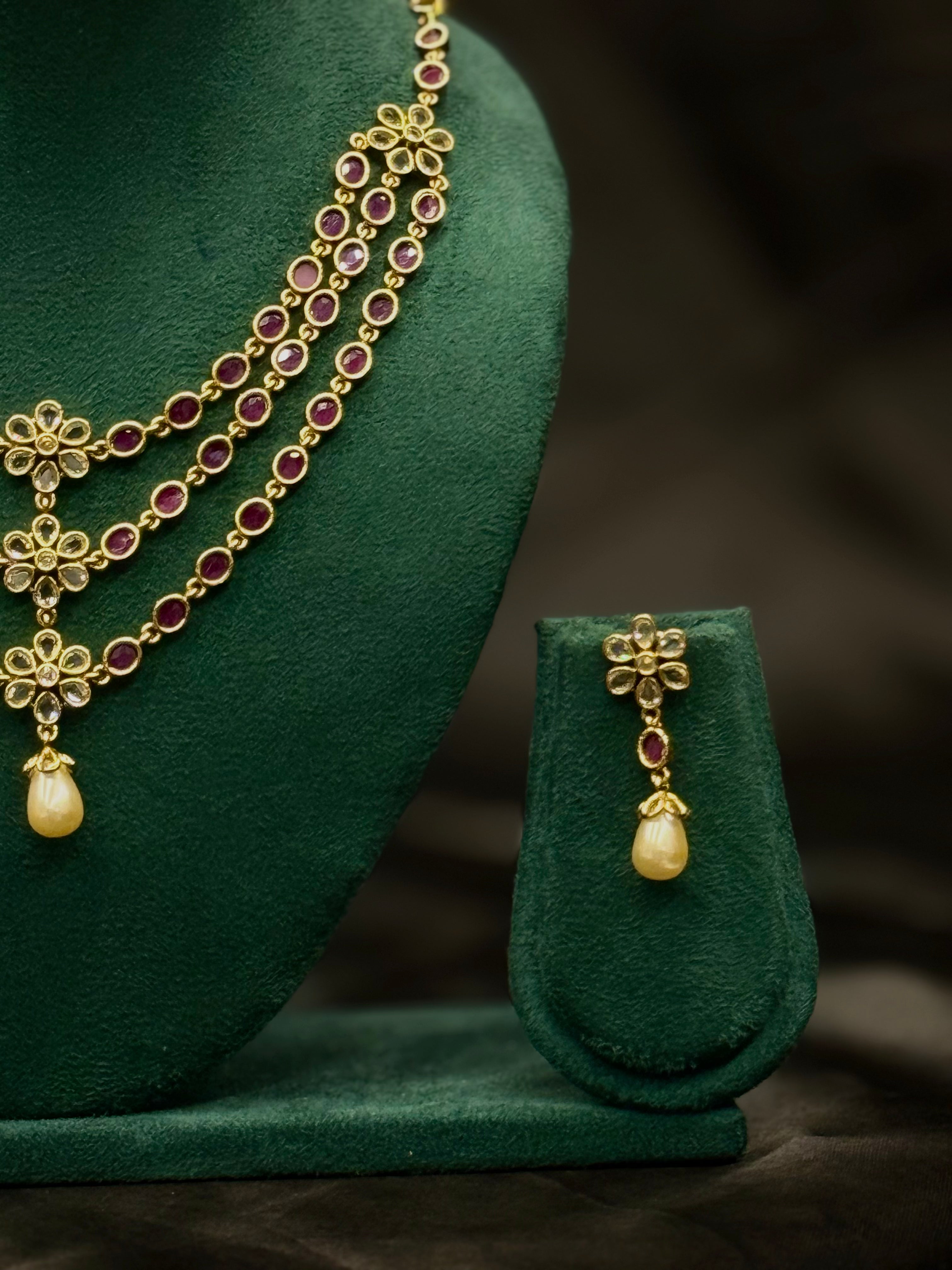 Traditional Ruby Stone Necklace Set with Pearl Drop Earrings | ONK368