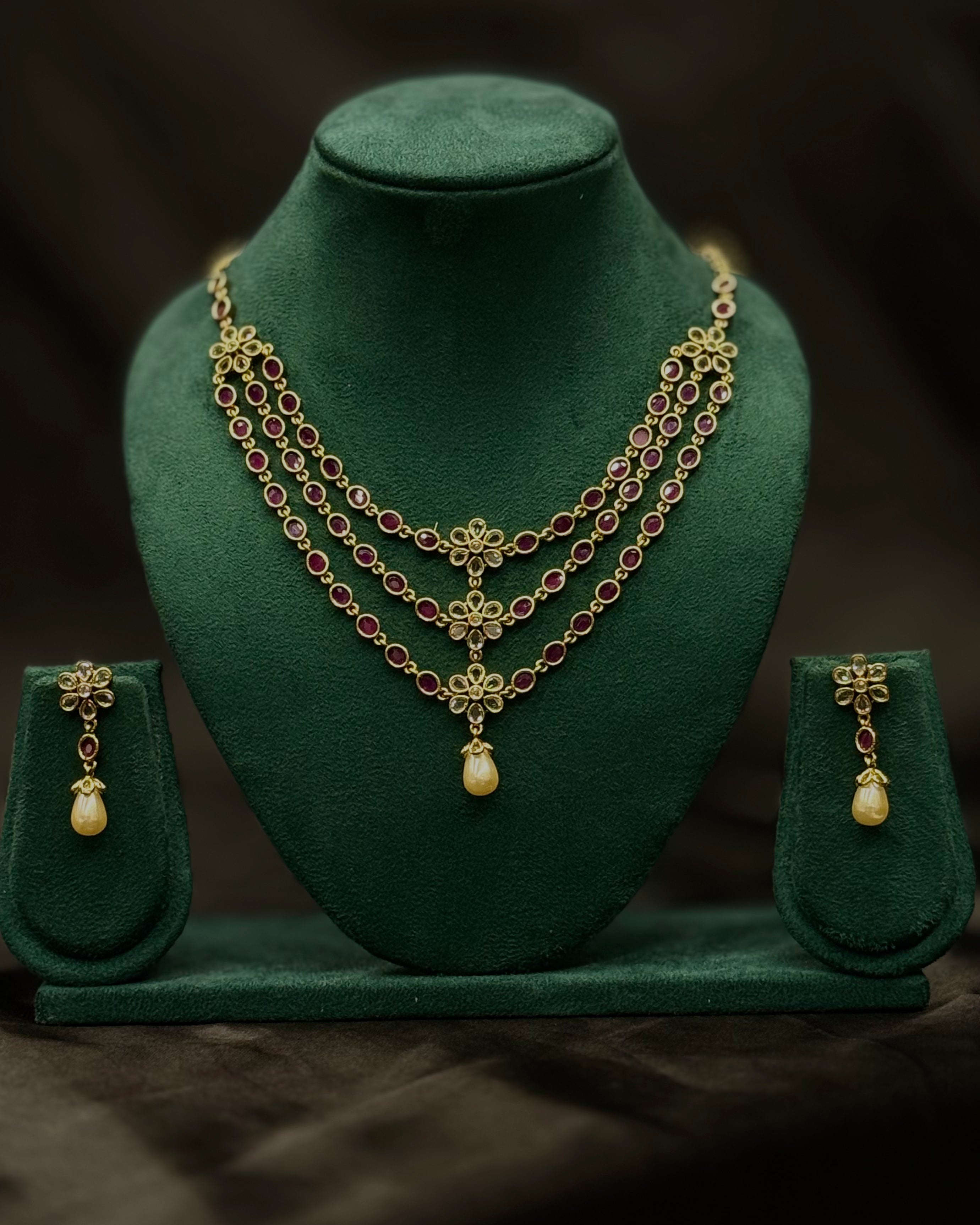 Traditional Ruby Stone Necklace Set with Pearl Drop Earrings | ONK368