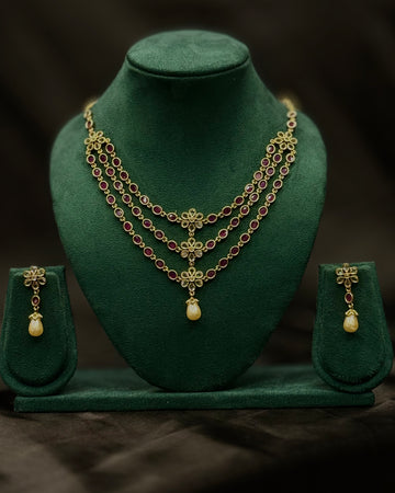 Traditional Ruby Stone Necklace Set with Pearl Drop Earrings | ONK368