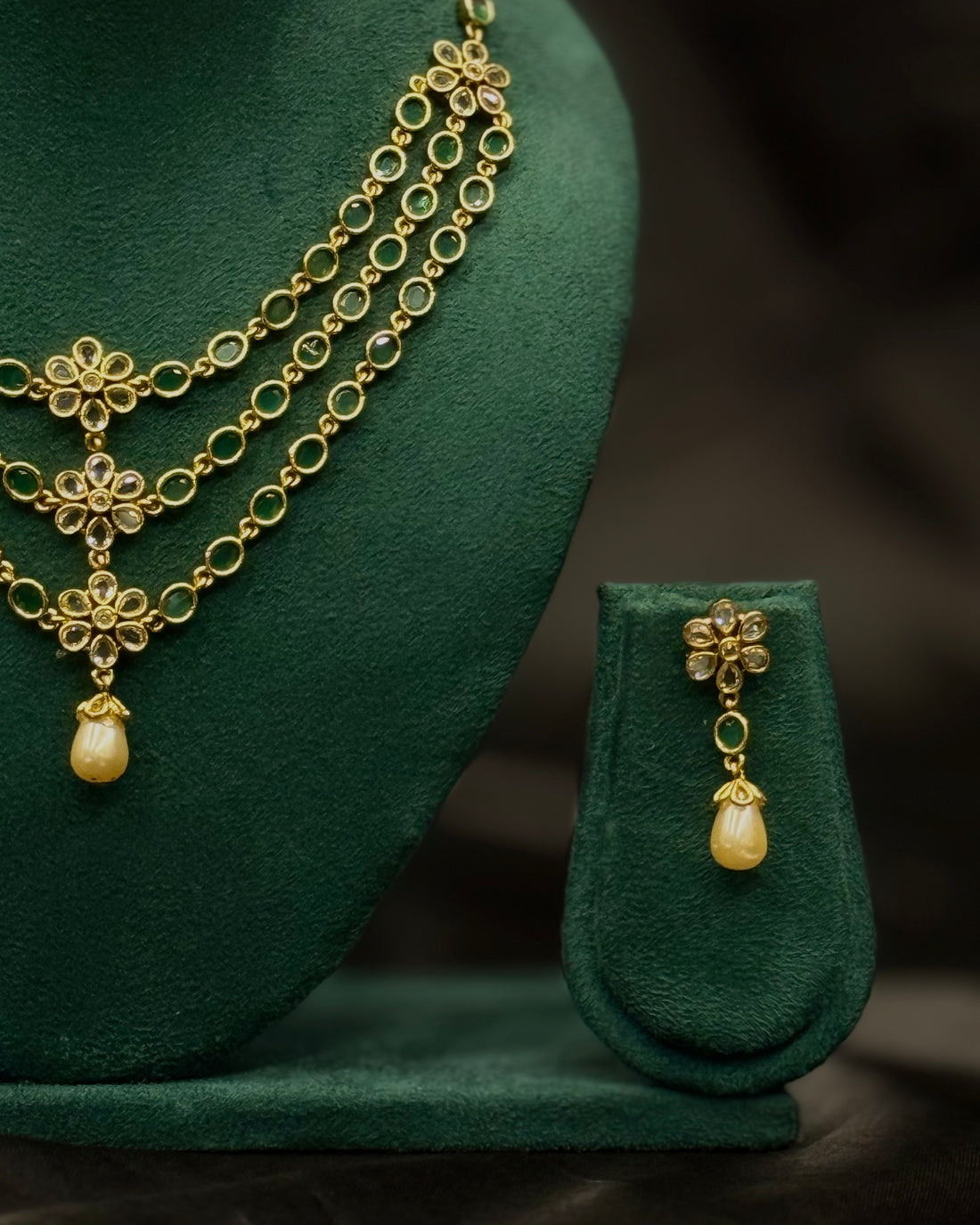 Green Stone Gold Plated Necklace Set with Pearl Drops | ONK369