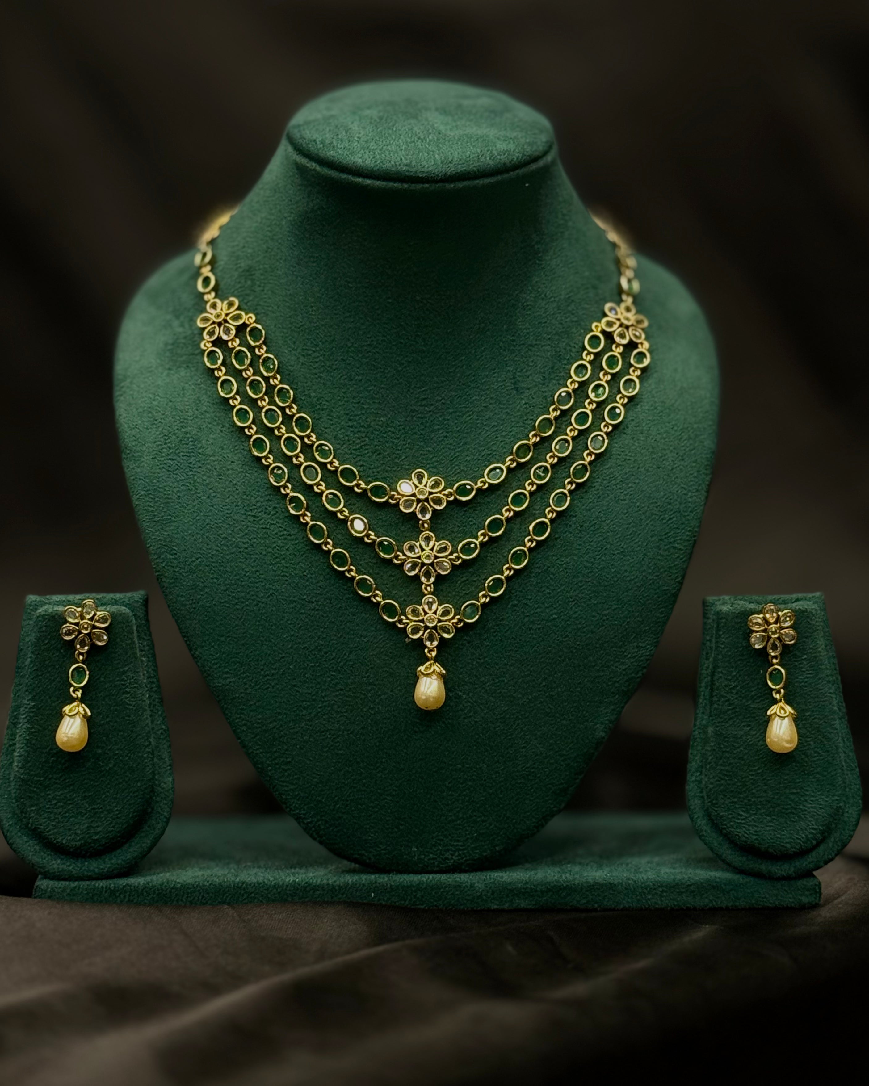 Green Stone Gold Plated Necklace Set with Pearl Drops | ONK369